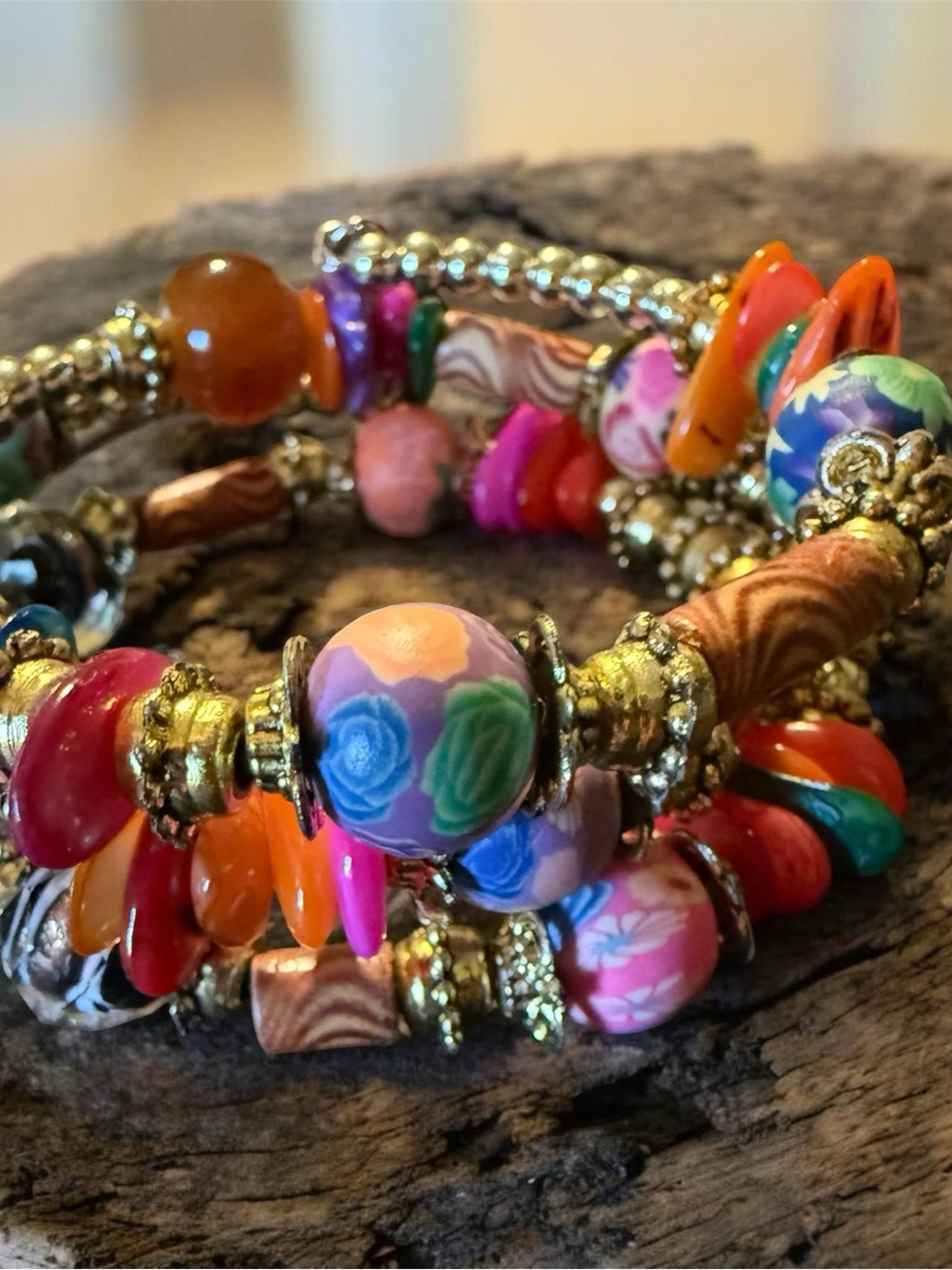 Colorful Floral Beaded Coil Memory Wire Bracelet - Picture 3 of 6
